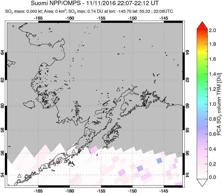 A sulfur dioxide image over Alaska, USA on Nov 11, 2016.
