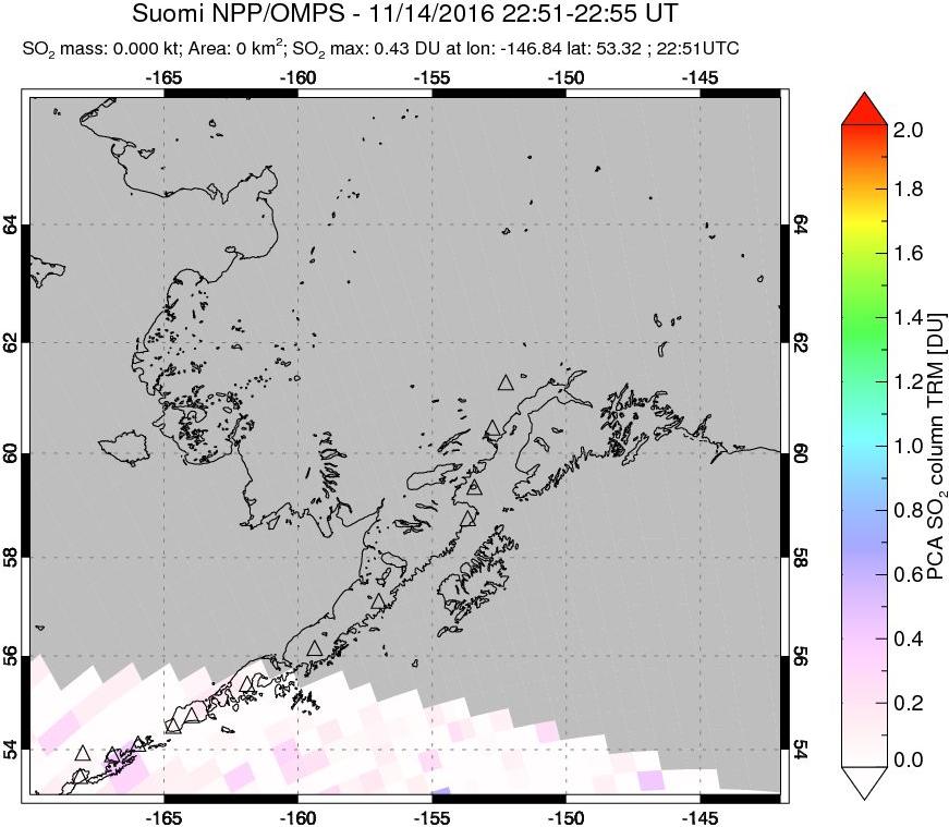A sulfur dioxide image over Alaska, USA on Nov 14, 2016.