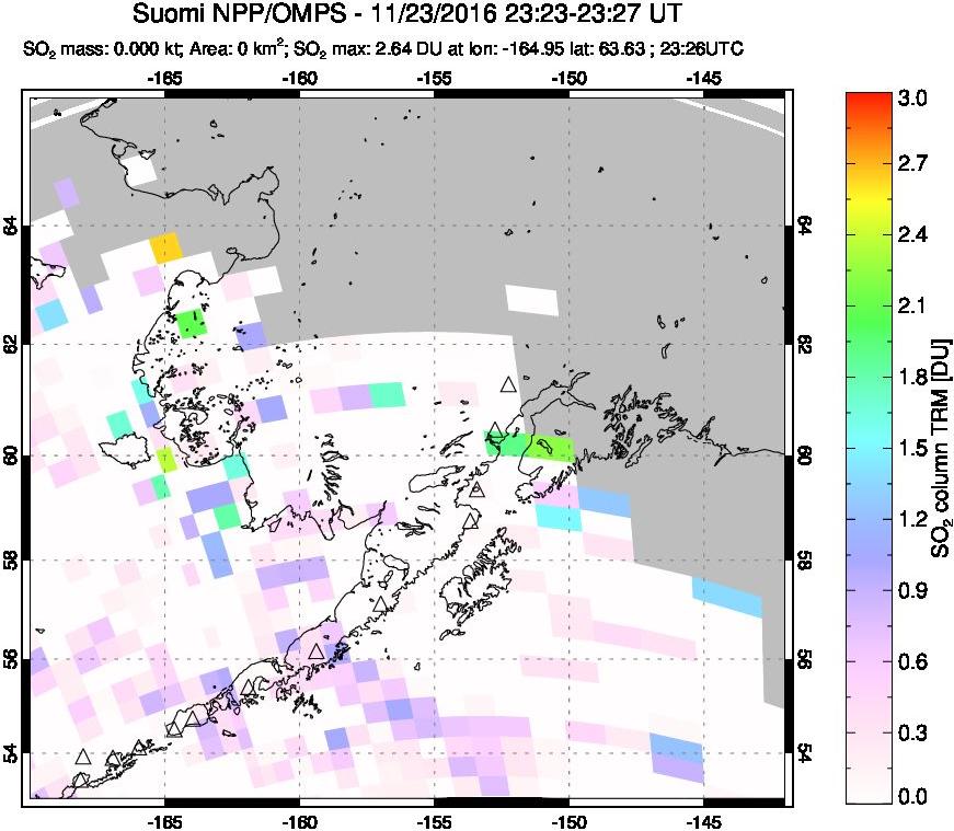 A sulfur dioxide image over Alaska, USA on Nov 23, 2016.