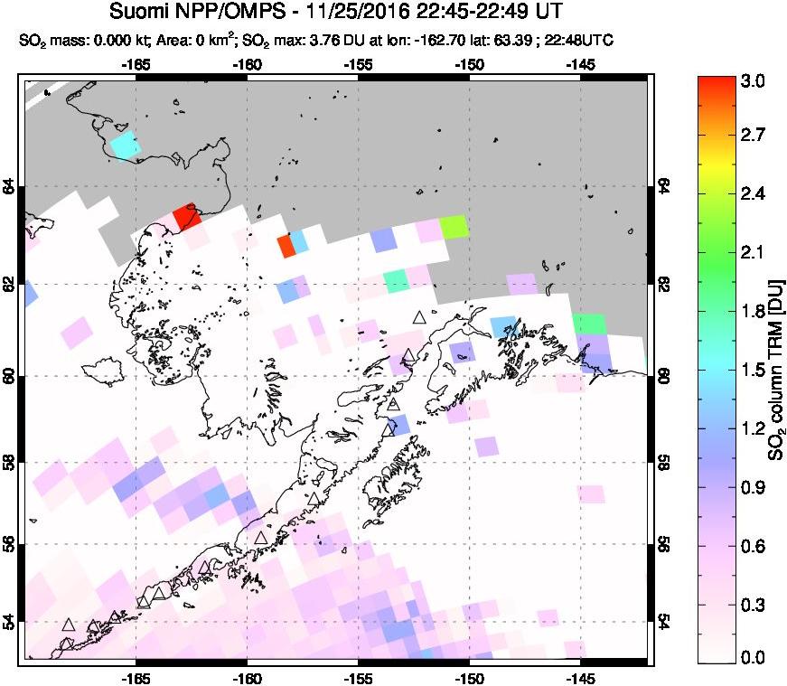 A sulfur dioxide image over Alaska, USA on Nov 25, 2016.