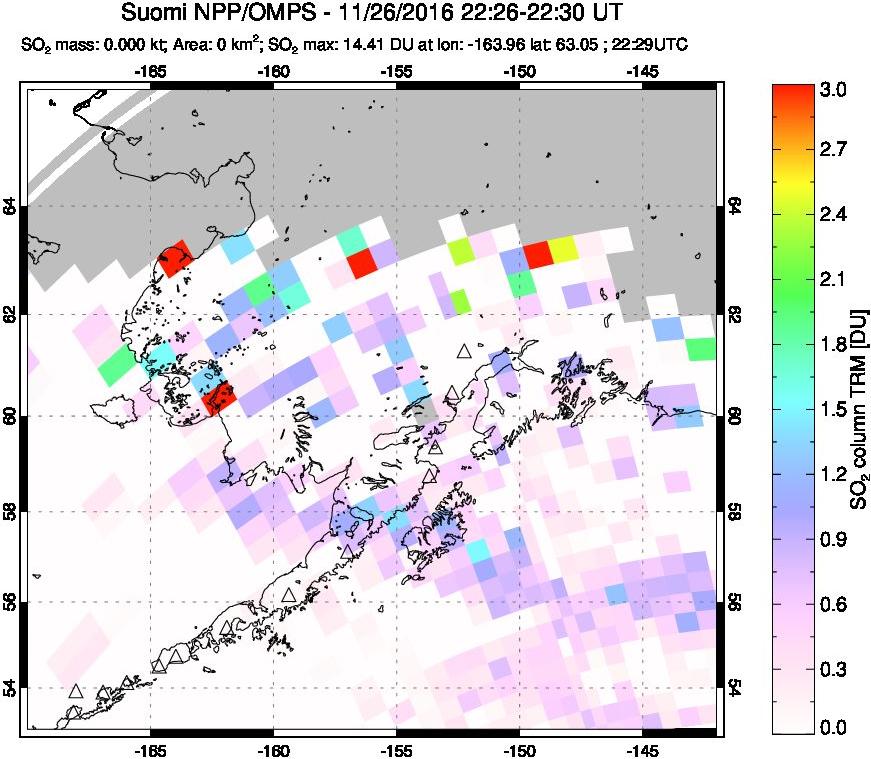 A sulfur dioxide image over Alaska, USA on Nov 26, 2016.