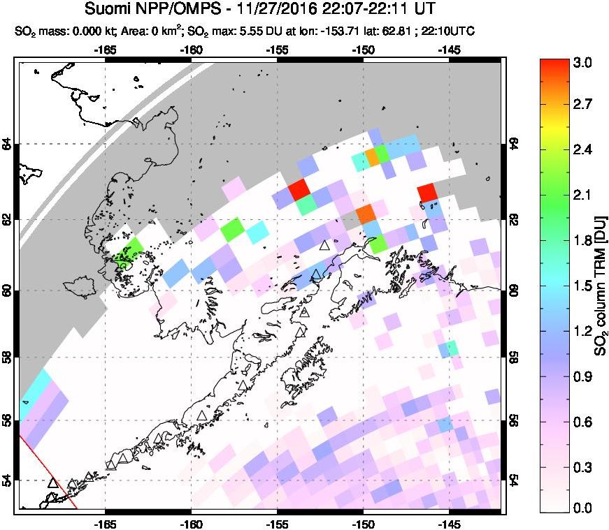 A sulfur dioxide image over Alaska, USA on Nov 27, 2016.