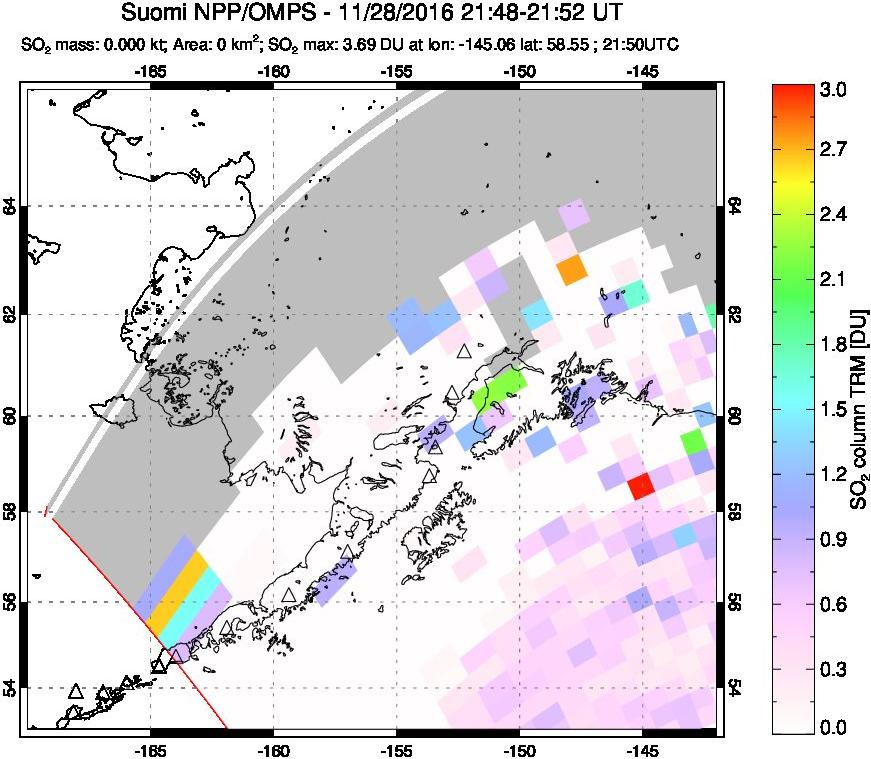 A sulfur dioxide image over Alaska, USA on Nov 28, 2016.