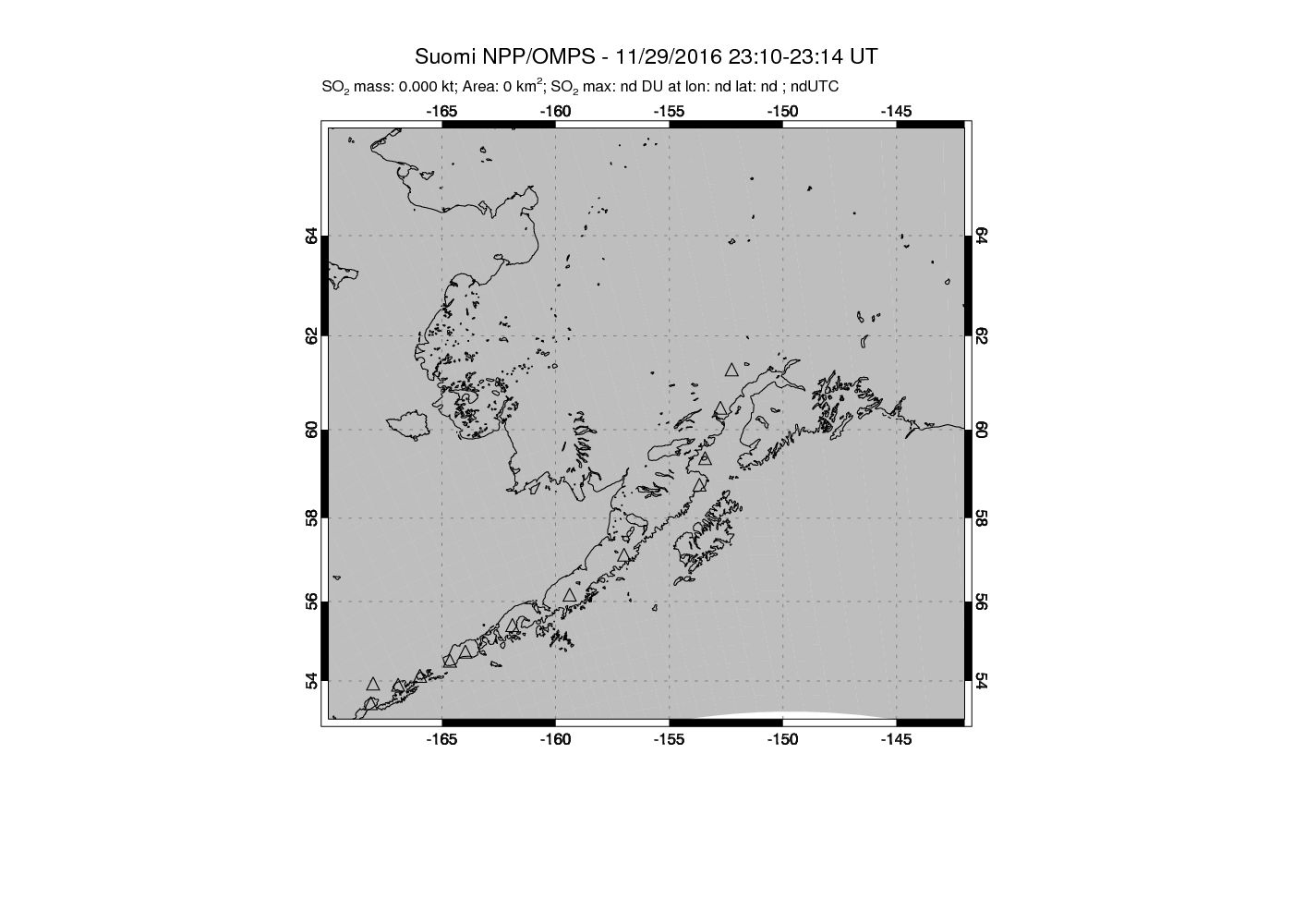 A sulfur dioxide image over Alaska, USA on Nov 29, 2016.