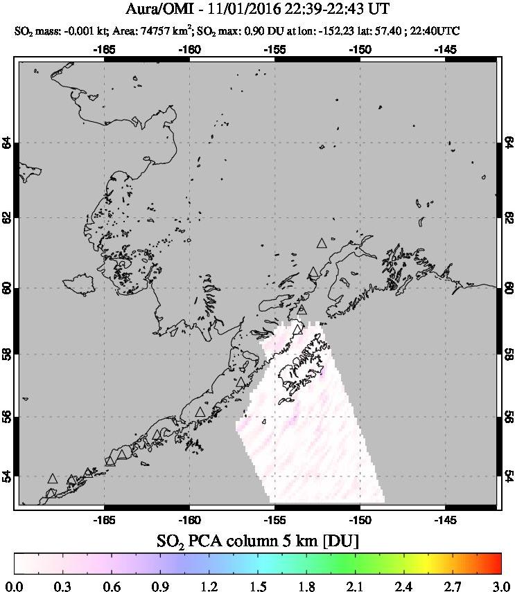 A sulfur dioxide image over Alaska, USA on Nov 01, 2016.