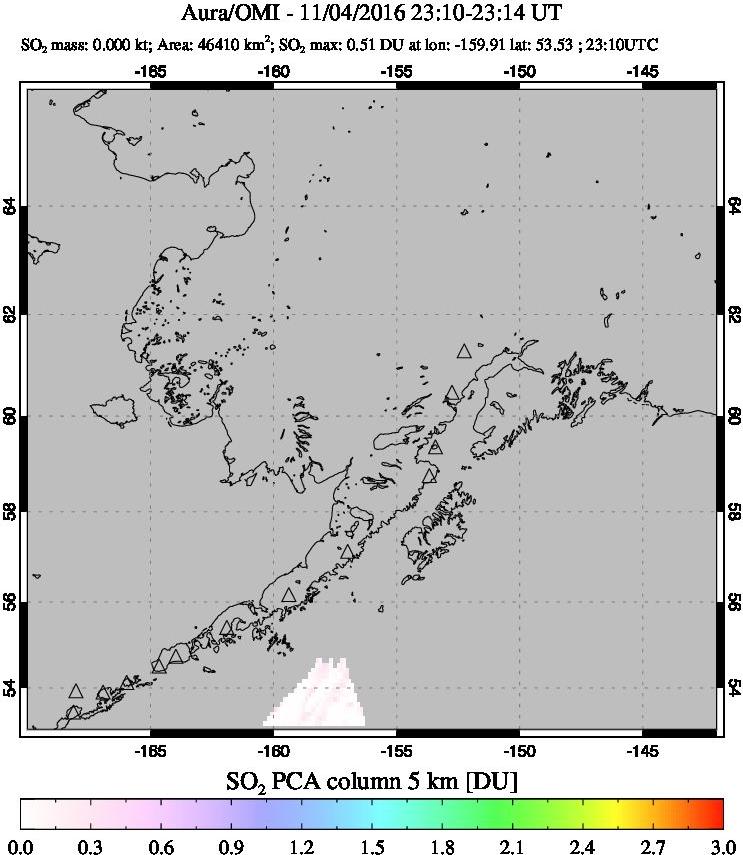 A sulfur dioxide image over Alaska, USA on Nov 04, 2016.