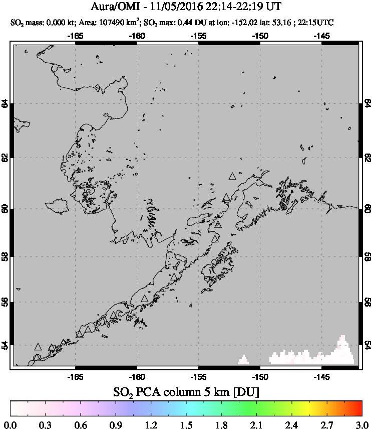 A sulfur dioxide image over Alaska, USA on Nov 05, 2016.