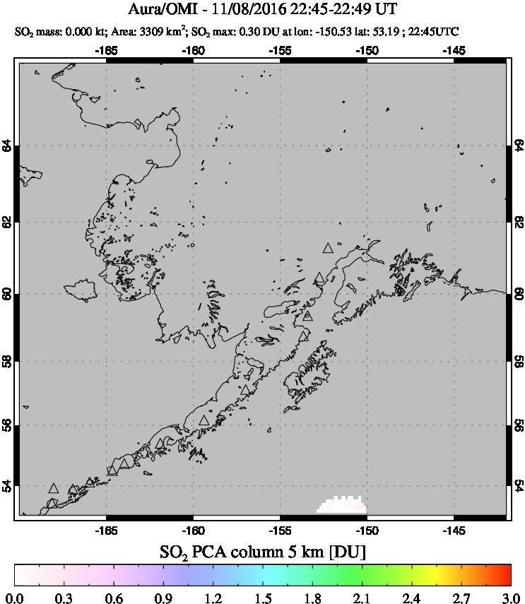 A sulfur dioxide image over Alaska, USA on Nov 08, 2016.