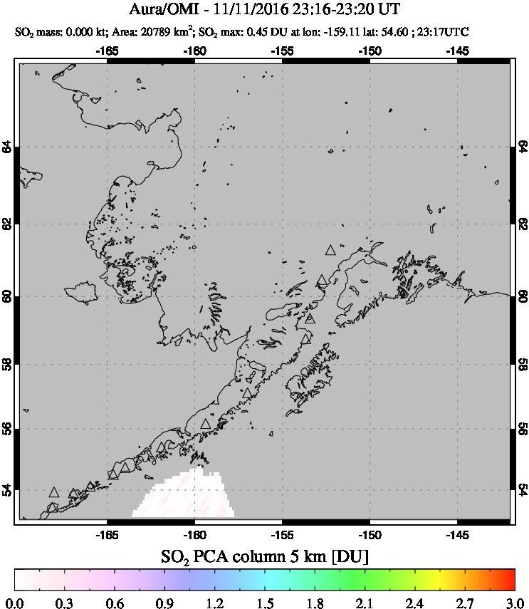 A sulfur dioxide image over Alaska, USA on Nov 11, 2016.