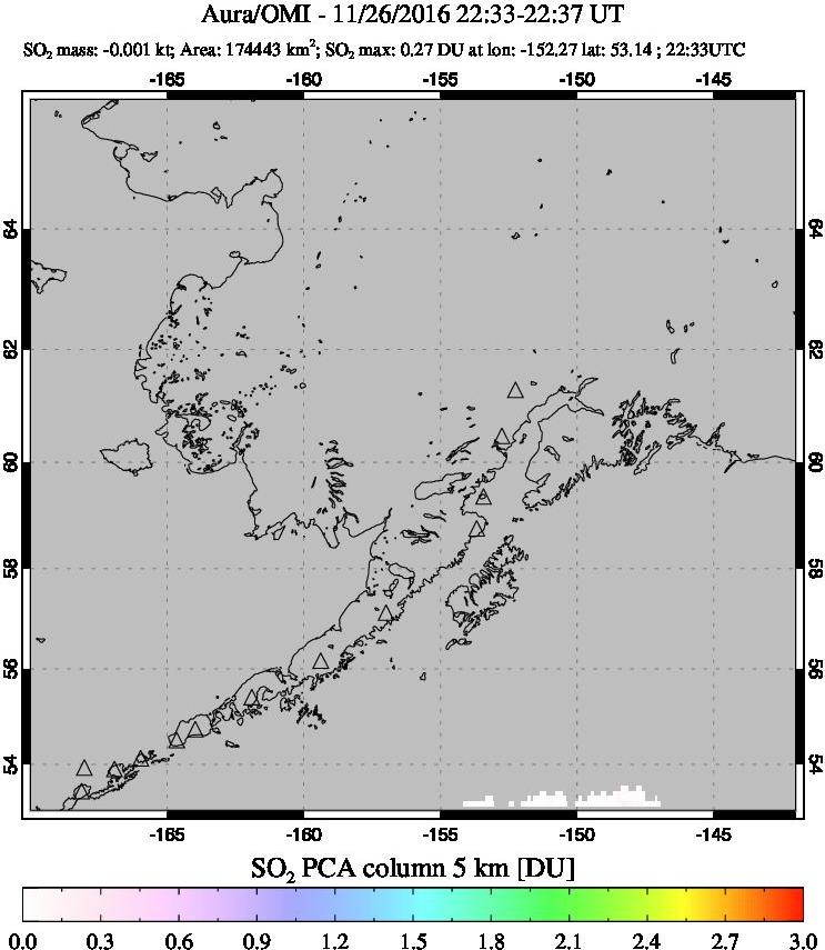 A sulfur dioxide image over Alaska, USA on Nov 26, 2016.