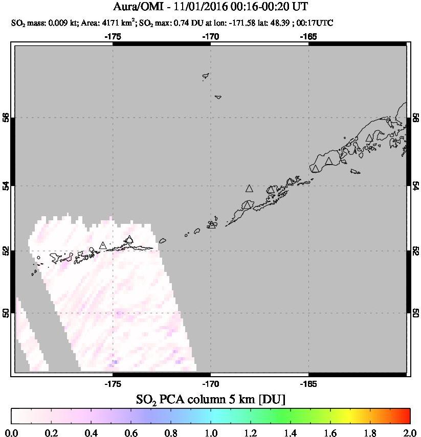 A sulfur dioxide image over Aleutian Islands, Alaska, USA on Nov 01, 2016.