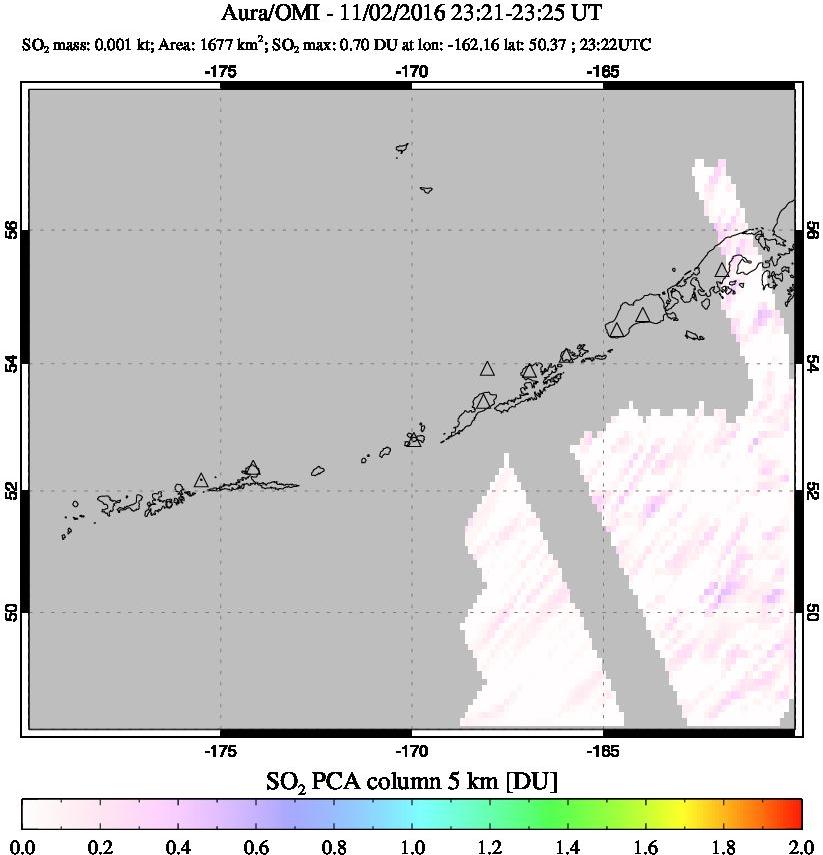 A sulfur dioxide image over Aleutian Islands, Alaska, USA on Nov 02, 2016.