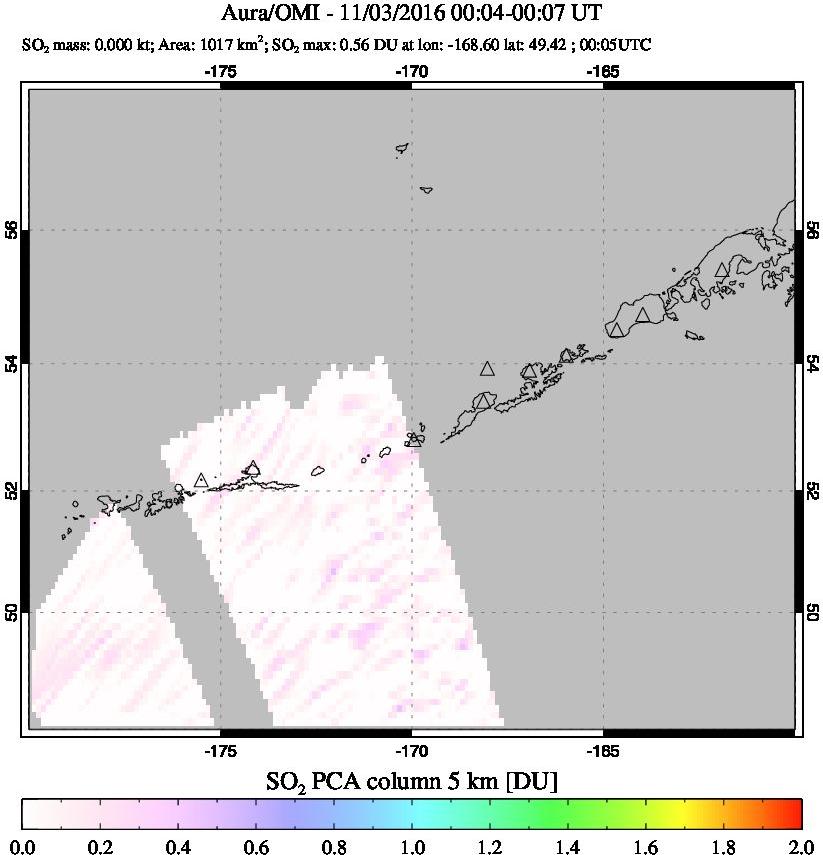 A sulfur dioxide image over Aleutian Islands, Alaska, USA on Nov 03, 2016.