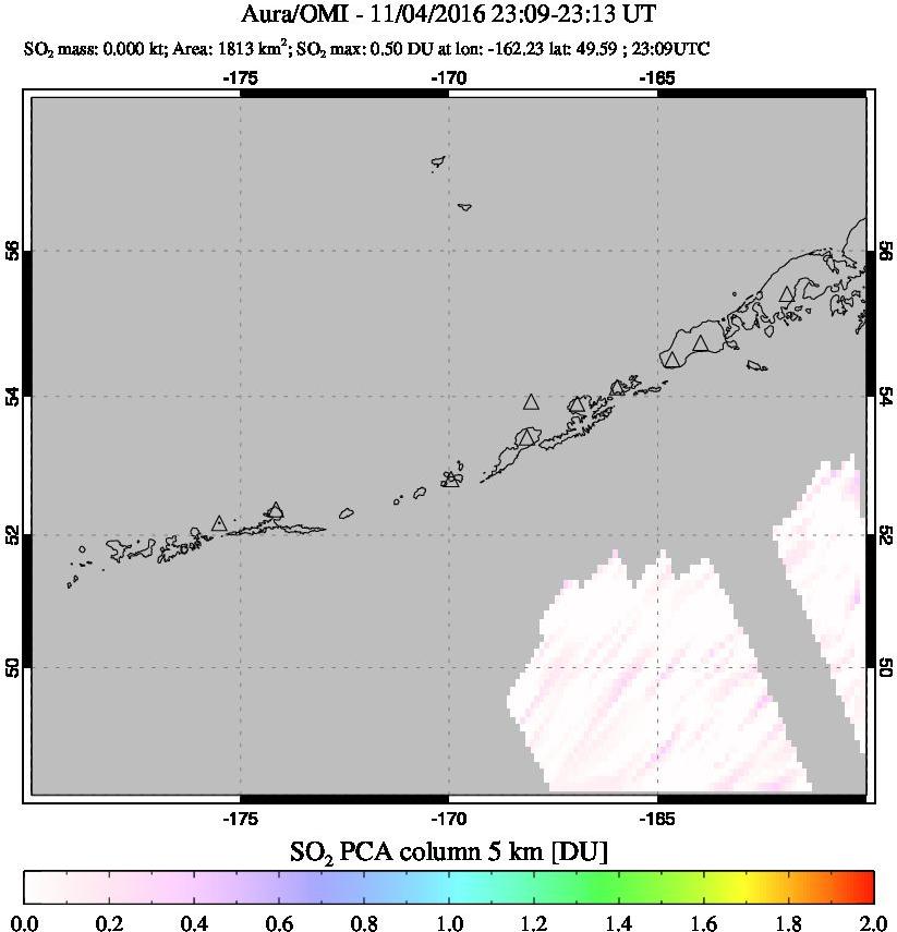 A sulfur dioxide image over Aleutian Islands, Alaska, USA on Nov 04, 2016.