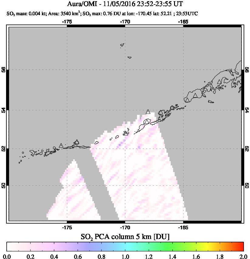A sulfur dioxide image over Aleutian Islands, Alaska, USA on Nov 05, 2016.