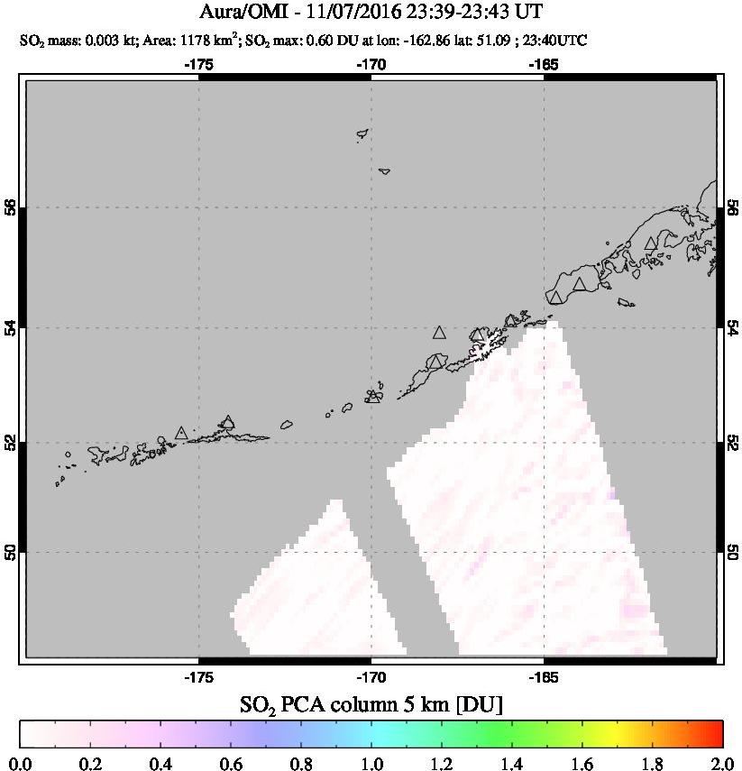 A sulfur dioxide image over Aleutian Islands, Alaska, USA on Nov 07, 2016.