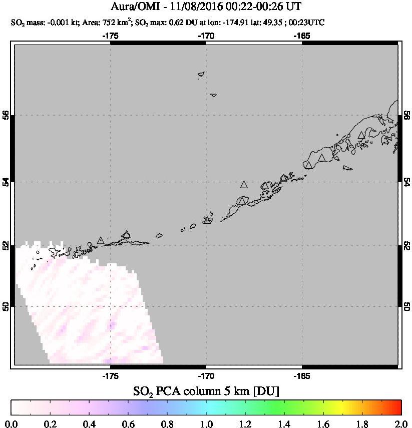 A sulfur dioxide image over Aleutian Islands, Alaska, USA on Nov 08, 2016.