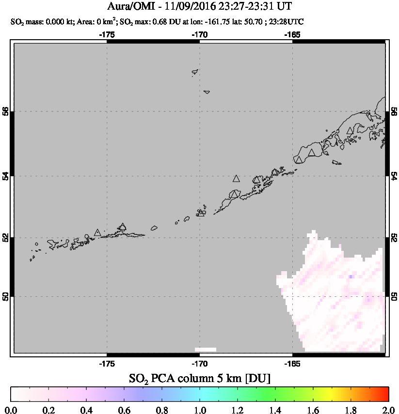 A sulfur dioxide image over Aleutian Islands, Alaska, USA on Nov 09, 2016.