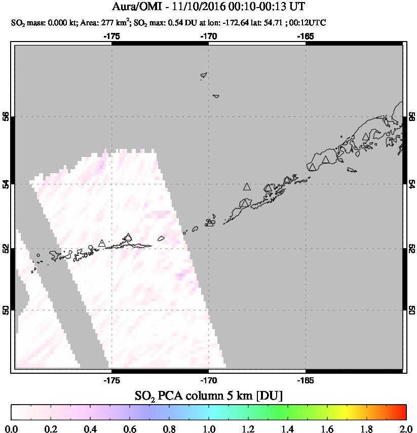 A sulfur dioxide image over Aleutian Islands, Alaska, USA on Nov 10, 2016.