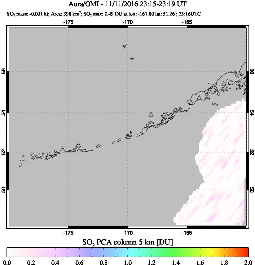 A sulfur dioxide image over Aleutian Islands, Alaska, USA on Nov 11, 2016.