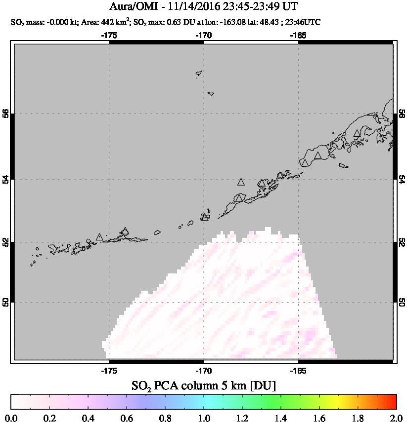 A sulfur dioxide image over Aleutian Islands, Alaska, USA on Nov 14, 2016.