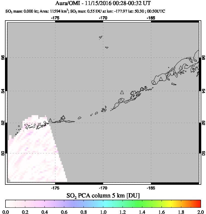 A sulfur dioxide image over Aleutian Islands, Alaska, USA on Nov 15, 2016.