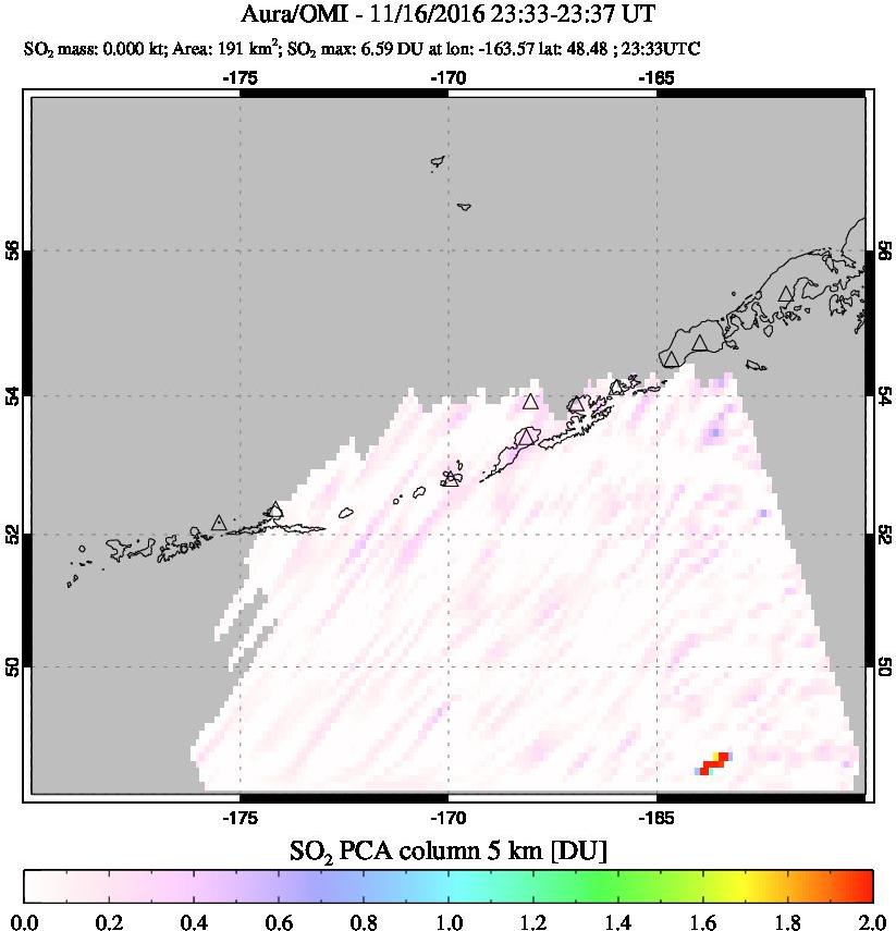 A sulfur dioxide image over Aleutian Islands, Alaska, USA on Nov 16, 2016.