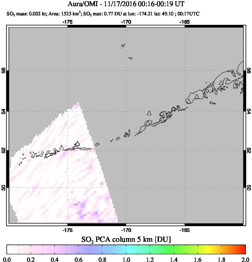 A sulfur dioxide image over Aleutian Islands, Alaska, USA on Nov 17, 2016.