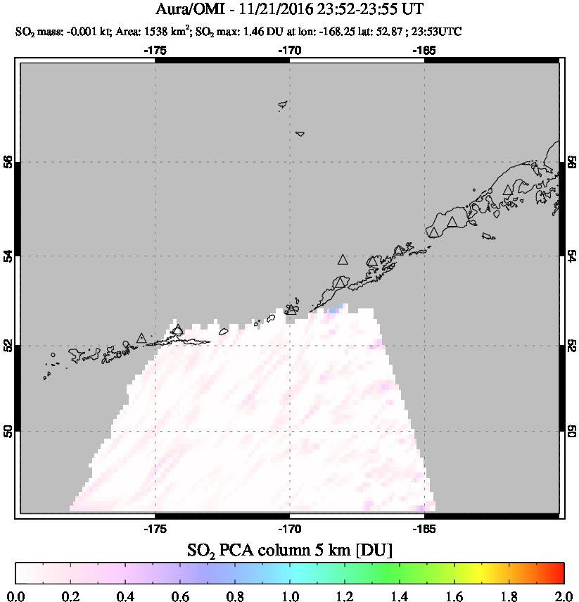 A sulfur dioxide image over Aleutian Islands, Alaska, USA on Nov 21, 2016.
