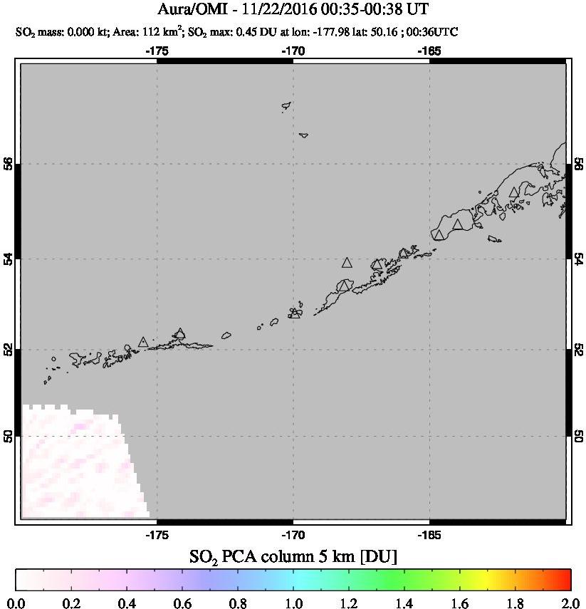 A sulfur dioxide image over Aleutian Islands, Alaska, USA on Nov 22, 2016.