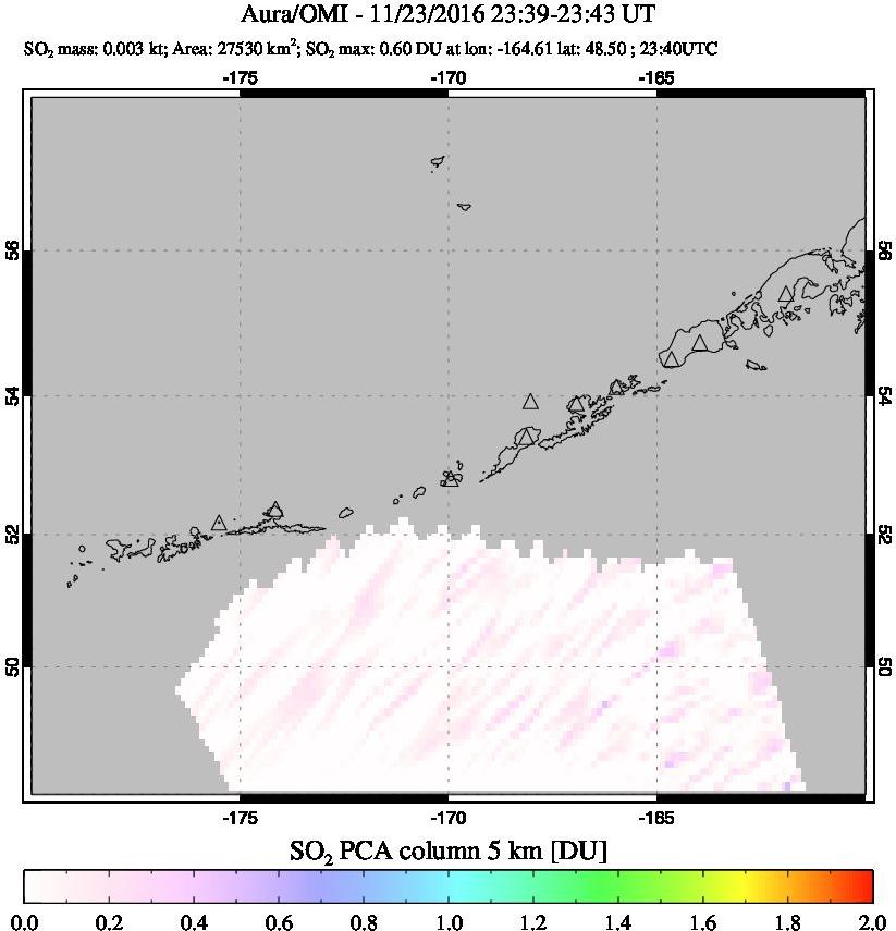 A sulfur dioxide image over Aleutian Islands, Alaska, USA on Nov 23, 2016.