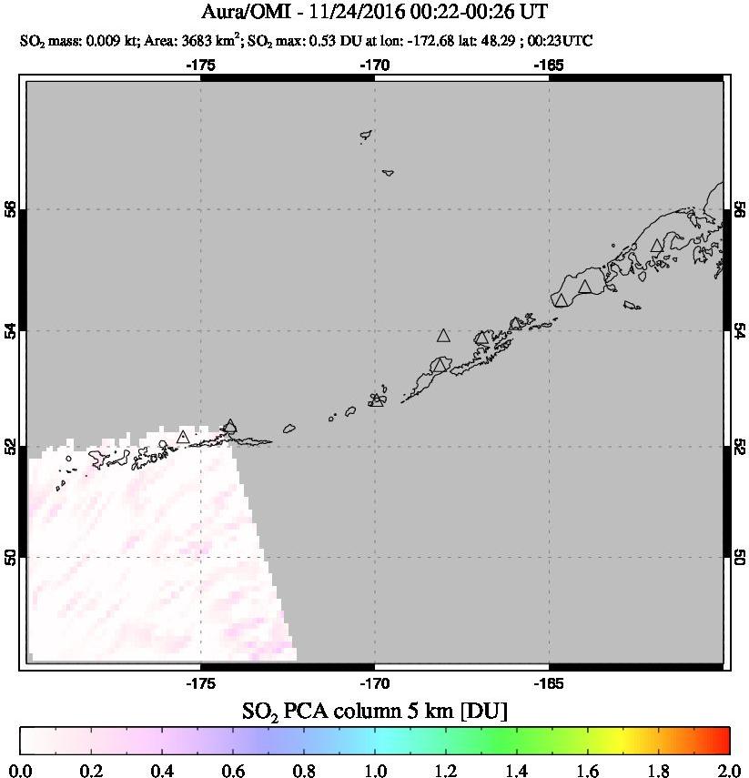 A sulfur dioxide image over Aleutian Islands, Alaska, USA on Nov 24, 2016.