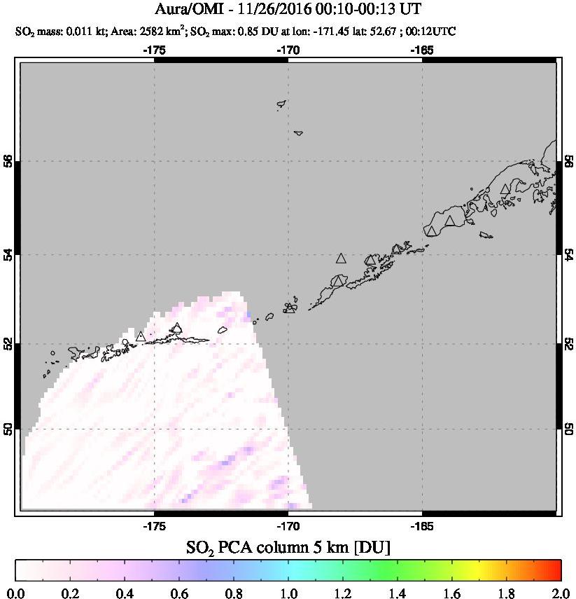 A sulfur dioxide image over Aleutian Islands, Alaska, USA on Nov 26, 2016.