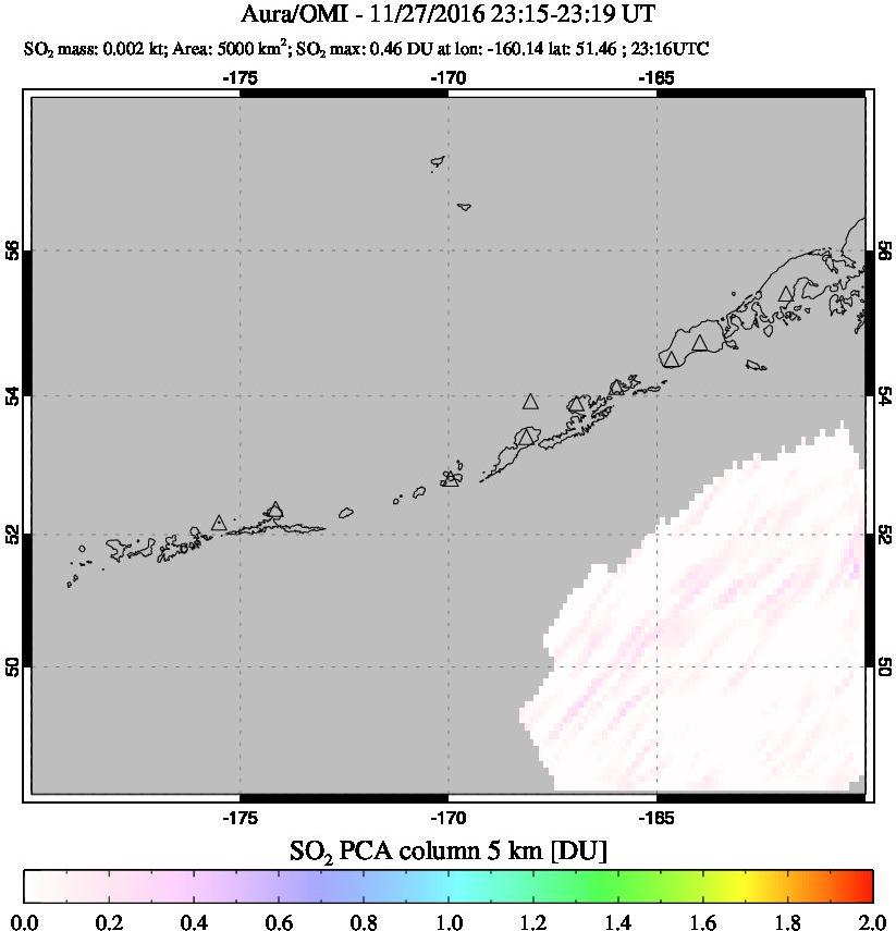 A sulfur dioxide image over Aleutian Islands, Alaska, USA on Nov 27, 2016.