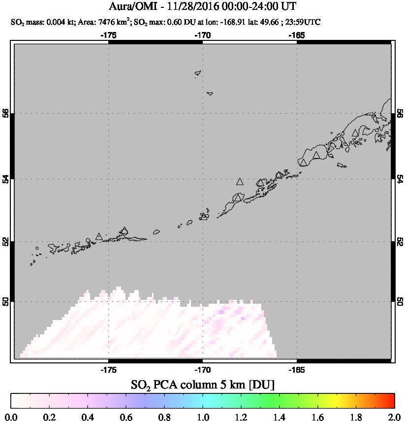 A sulfur dioxide image over Aleutian Islands, Alaska, USA on Nov 28, 2016.