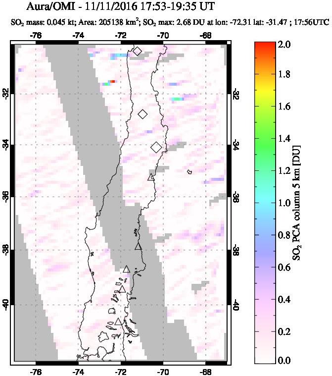 A sulfur dioxide image over Central Chile on Nov 11, 2016.