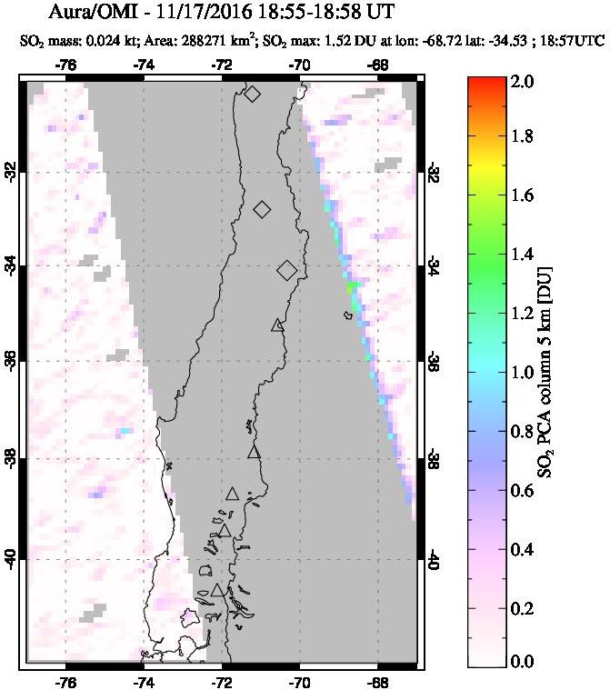 A sulfur dioxide image over Central Chile on Nov 17, 2016.