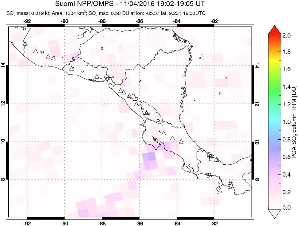 A sulfur dioxide image over Central America on Nov 04, 2016.