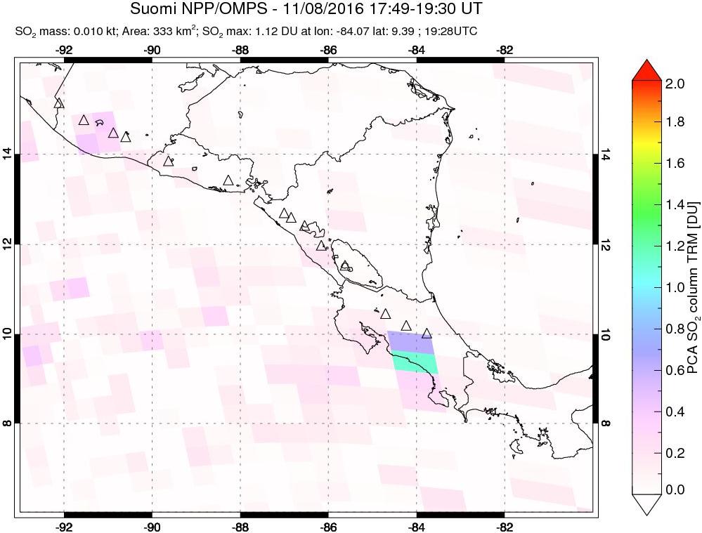 A sulfur dioxide image over Central America on Nov 08, 2016.