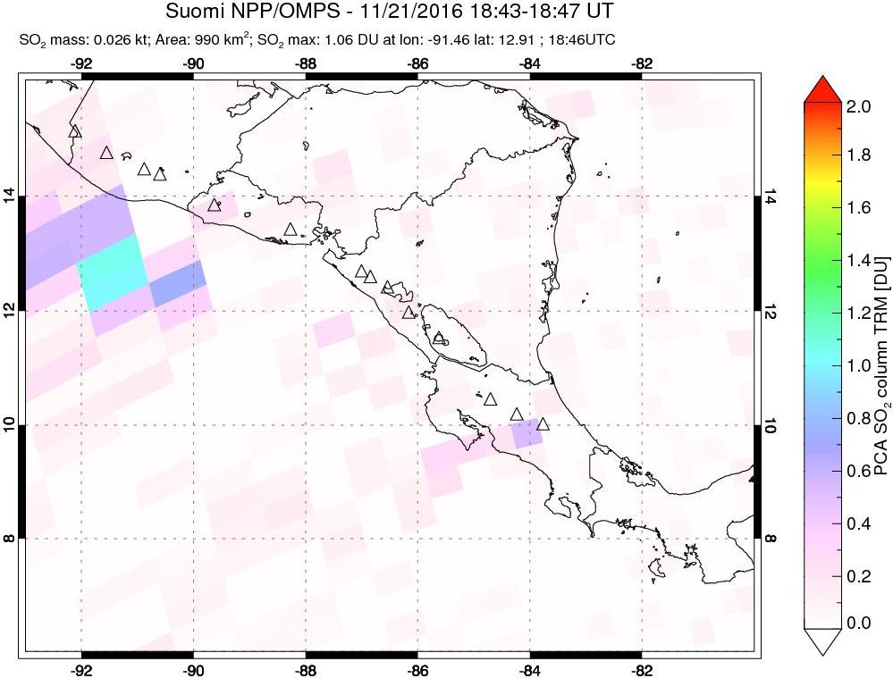 A sulfur dioxide image over Central America on Nov 21, 2016.