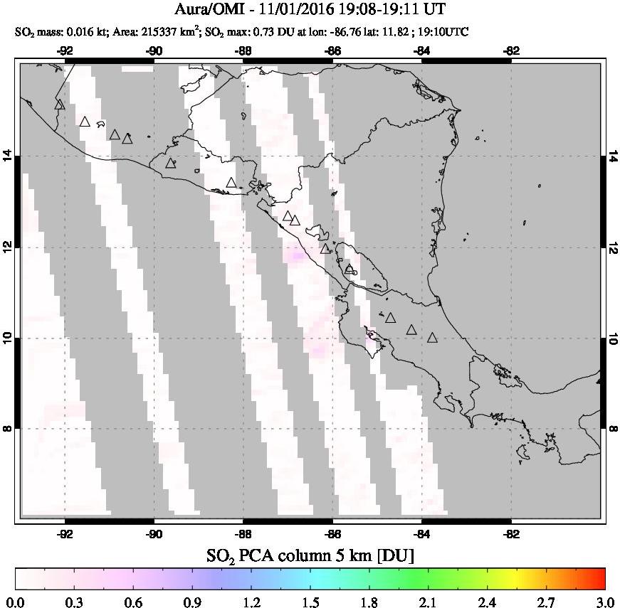 A sulfur dioxide image over Central America on Nov 01, 2016.