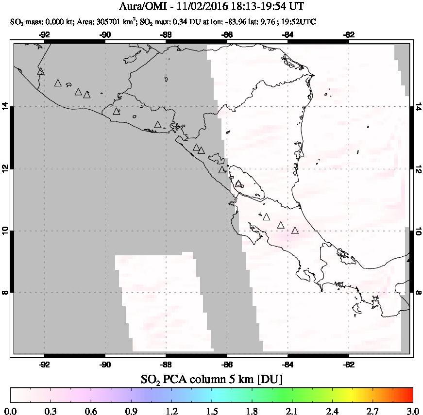 A sulfur dioxide image over Central America on Nov 02, 2016.