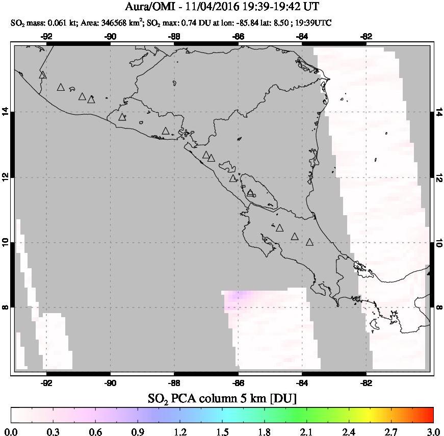 A sulfur dioxide image over Central America on Nov 04, 2016.