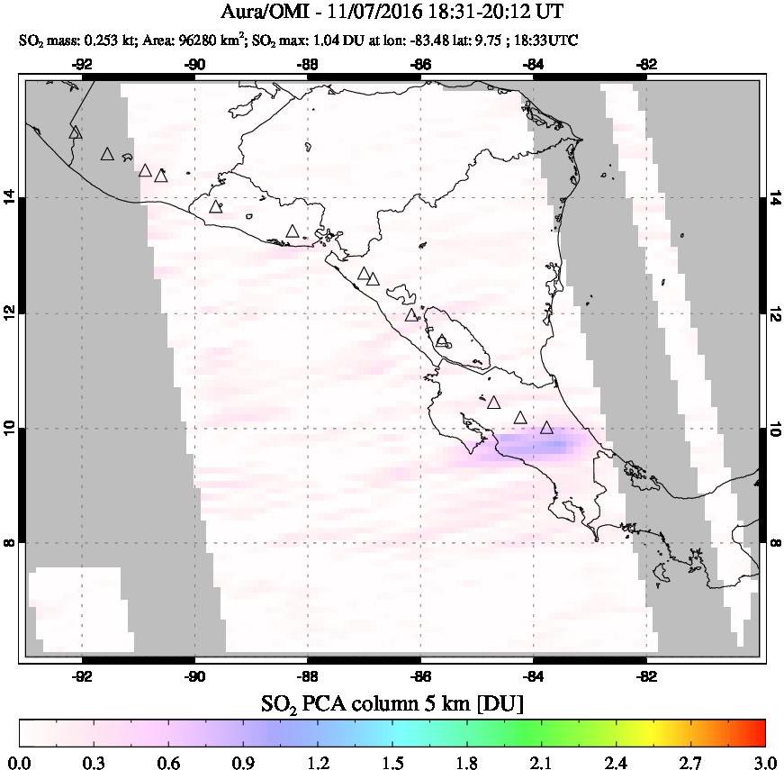 A sulfur dioxide image over Central America on Nov 07, 2016.