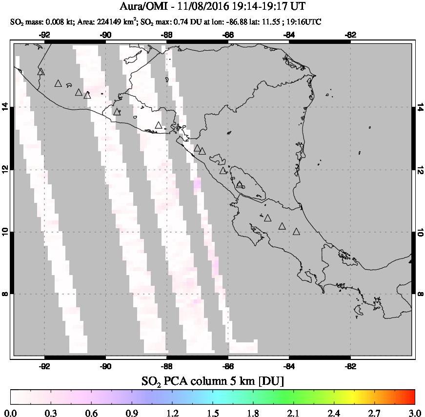 A sulfur dioxide image over Central America on Nov 08, 2016.