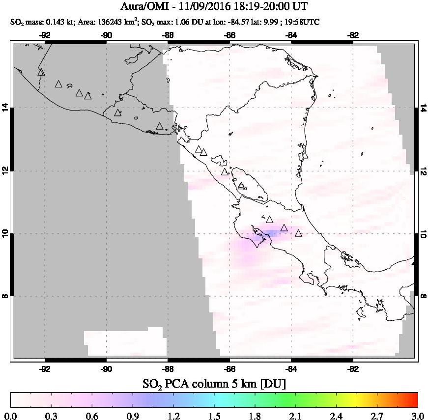 A sulfur dioxide image over Central America on Nov 09, 2016.
