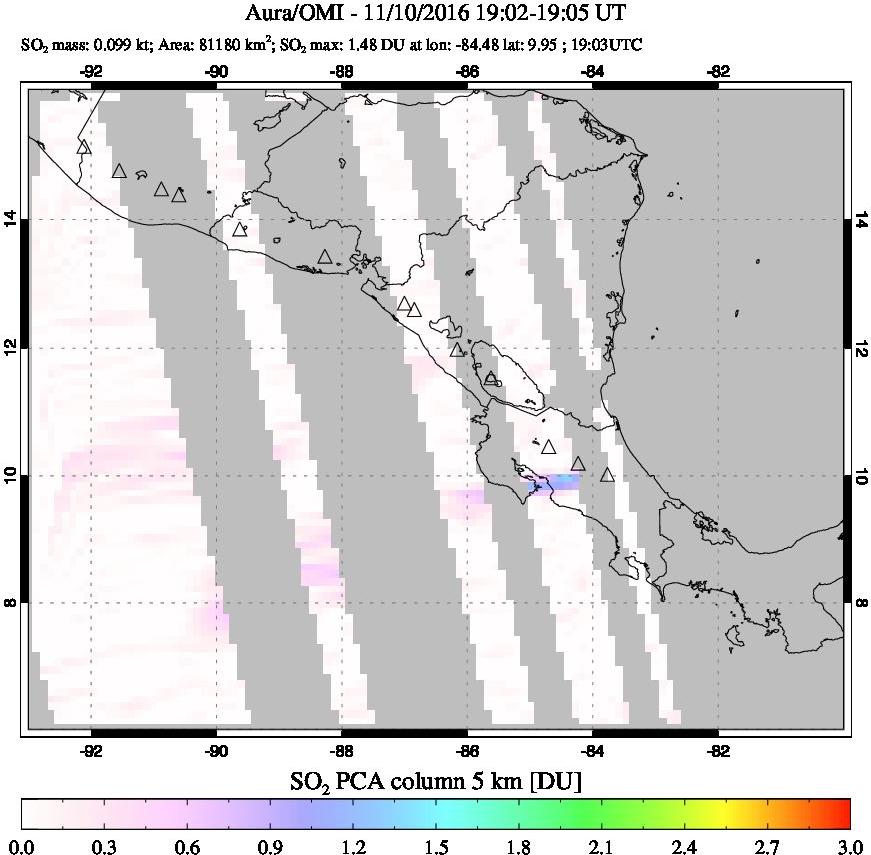 A sulfur dioxide image over Central America on Nov 10, 2016.
