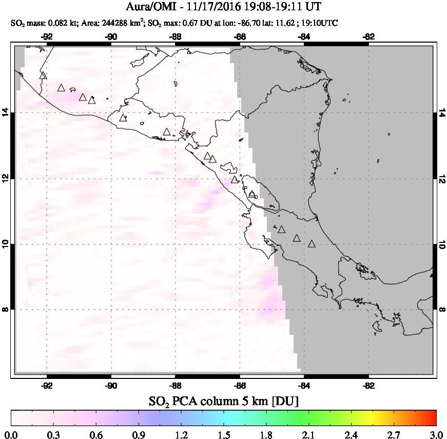 A sulfur dioxide image over Central America on Nov 17, 2016.