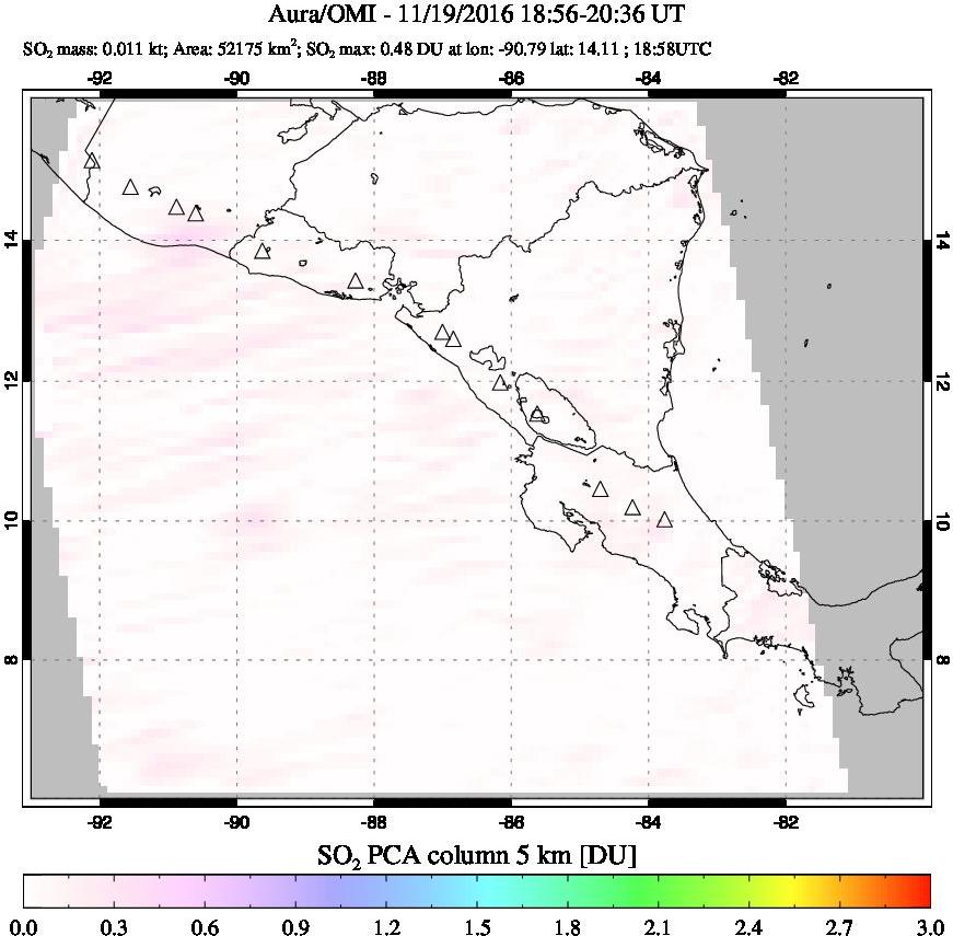 A sulfur dioxide image over Central America on Nov 19, 2016.