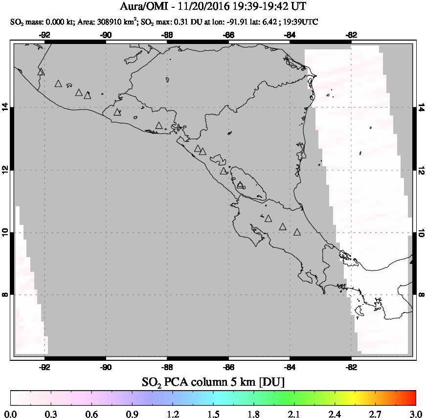 A sulfur dioxide image over Central America on Nov 20, 2016.